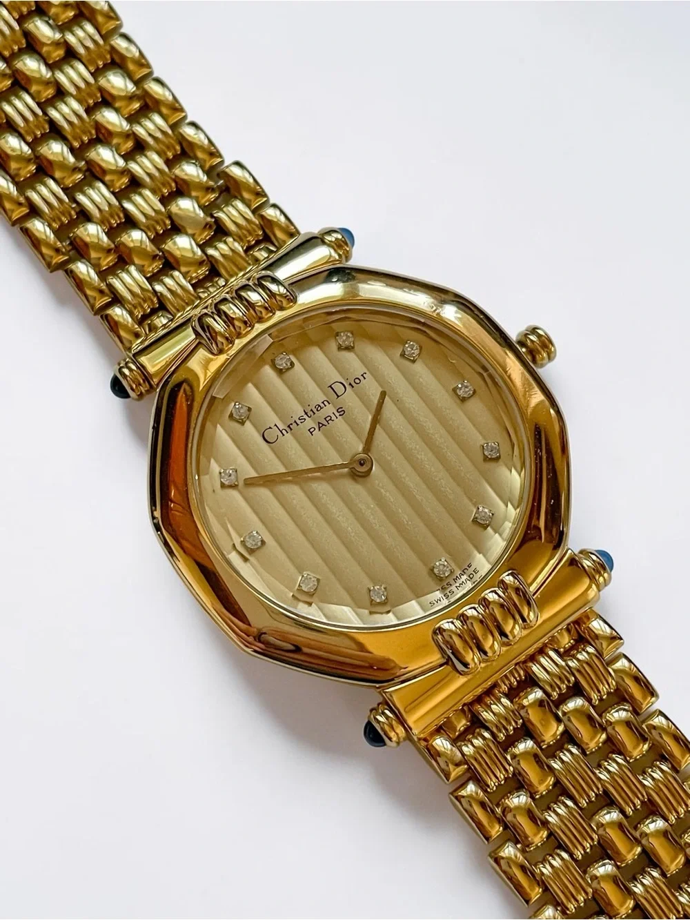 Vintage Christian Dior Octagon Gold Watch with Diamond Hour Marker Dial